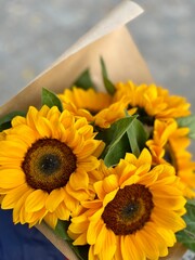 Beautiful bouquet of sunflowers Space for text.