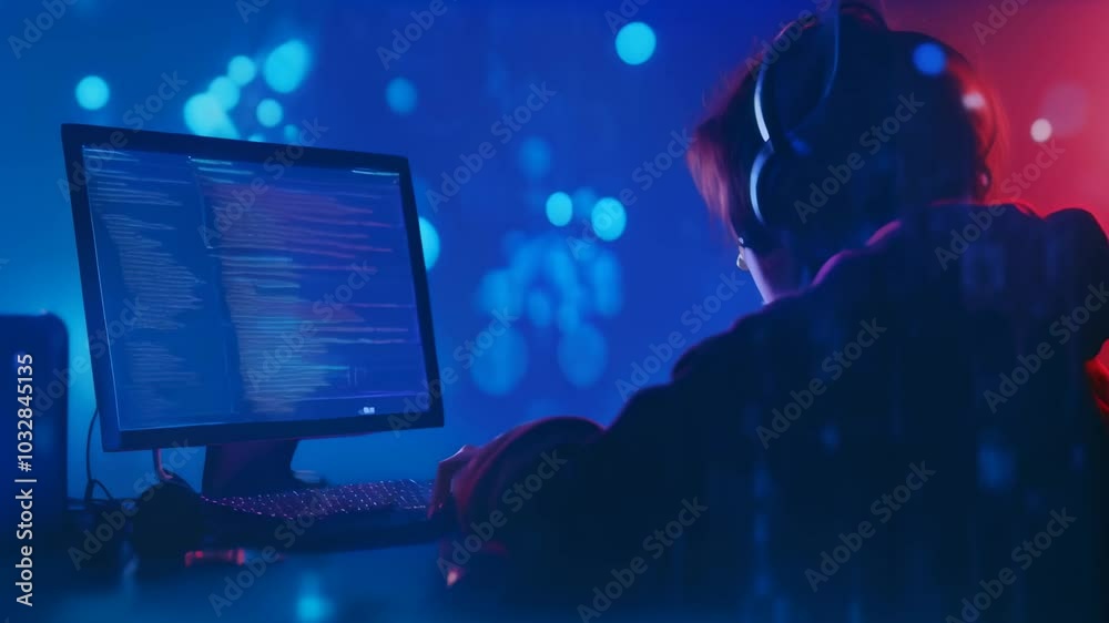 Poster software developer codes late at night in a dimly lit room, focused and dedicated, creating innovati
