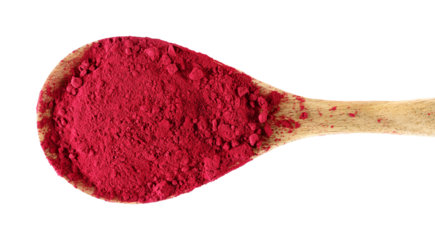 Dried beet root powder in wooden spoon isolated on white background, top view