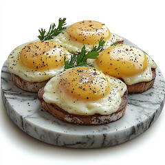 Elegant Eggs Benedict with Poached Eggs, Hollandaise Sauce, and Fresh Herbs on Marble Slab - Perfect for Culinary Photography and Food Stock Images