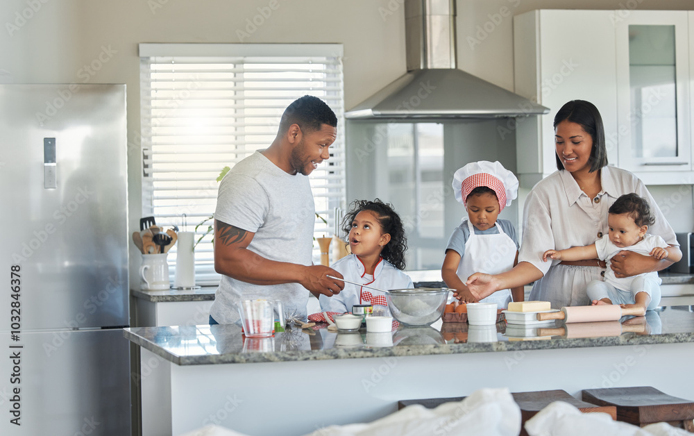 Wall mural Parents, children and chef baking kitchen for breakfast cookies, teaching skills and helping with dessert. Family, girls and bowl mixture of healthy cake, bonding together and nutrition food at house