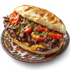 Gourmet Cheesesteak Sandwich with Melted Cheese, Fresh Vegetables, and Toasted Bun on Ornate Plate - Perfect for Culinary Photography and Food Stock Images