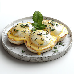 Gourmet Eggs Benedict with Poached Eggs, Hollandaise Sauce, and Fresh Herbs on a Marbled Plate - Perfect for Culinary Photography and Food Stock Images