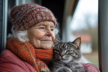 Elderly woman holding a cat in her arms