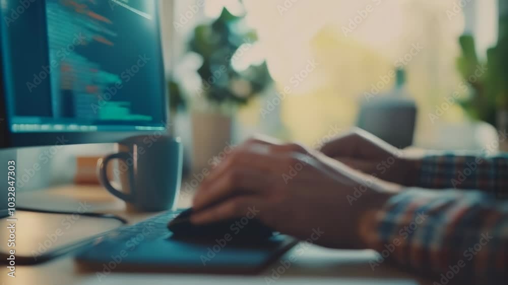 Aufkleber Programmer is working remotely using a modern desktop computer, writing code on a blurred background with warm sunlight