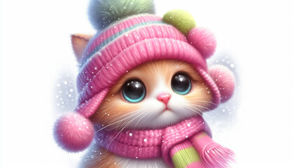 Obraz premium Cute kitten illustration in snowy landscape with scarf and wool hat. Christmas celebration time