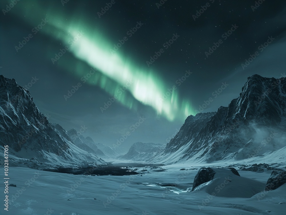 Wall mural a beautiful night sky with a green aurora borealis