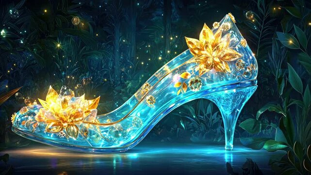 Enchanted glass slipper with luminous floral accents in magical forest setting