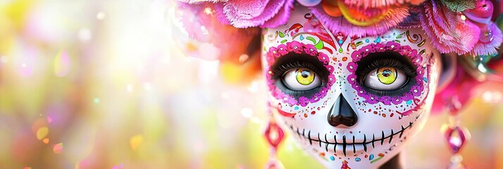 3D animated day of the dead, solid background, copy space