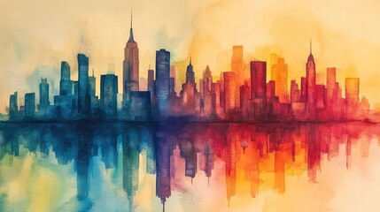 Obraz premium Vibrant Watercolor Skyline Showcasing Towering Buildings in Colorful Blend of Reds, Oranges, and Yellows