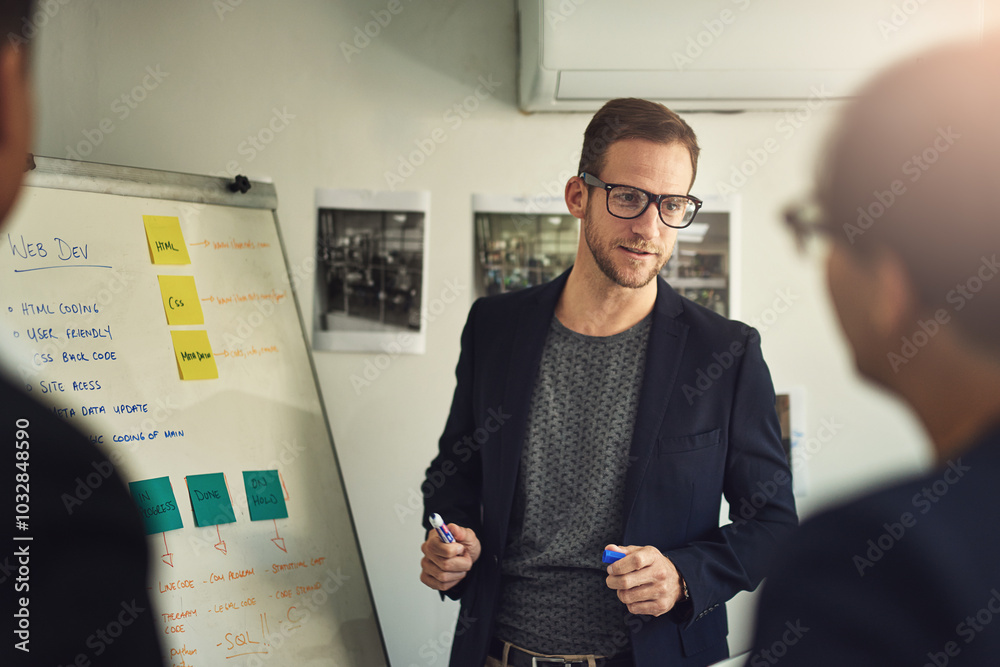 Aufkleber Business, man and presentation with whiteboard in office for workflow steps and strategy process of interface feedback. Web developer, team and diagram for user friendly website or software solutions