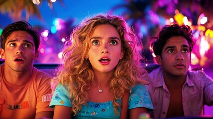 Young friends thrilled on amusement ride with neon lights and tropical vibes