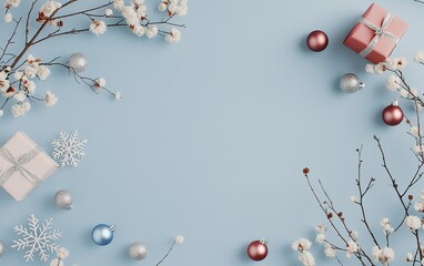 Fototapeta premium Festive arrangement with Christmas gifts, ornaments, and decorative branches on a light blue background during the holiday season
