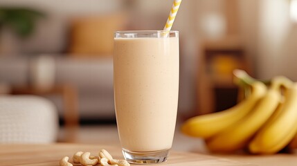 Close-up of a creamy banana smoothie in a tall glass with a straw,  with cashews in the foreground.