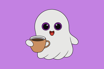 Kawaii ghost drinking coffee cup. Happy Halloween. Cute cartoon spooky character. Vector illustration
