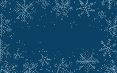Delicate snowflakes scattered against a dark blue background create a serene winter atmosphere during a snowy evening