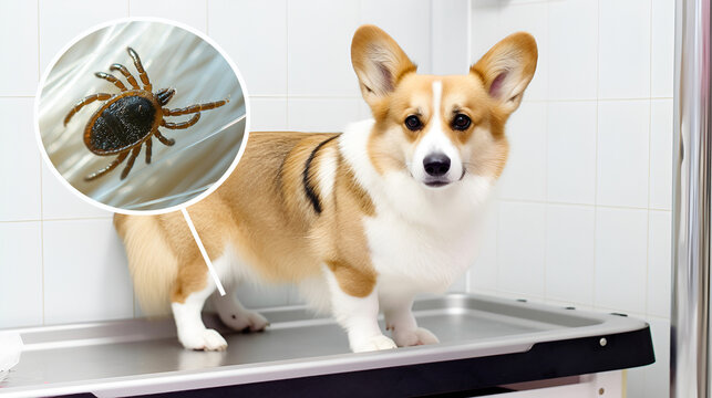 Corgi dog and collage macro a tick  on the veterinarian&rsquo;s table looking into the camera, copy space. increased teak on the fur. concept of treatment for ticks and fleas and parasites.