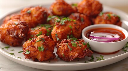 A plate of crispy, golden brown fried potato balls with a side of red dipping sauce and a sliced onion on a white background.