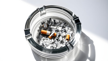 Black glass ashtray with cigarette ash isolated on white, top view isolated with white highlights, png