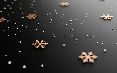 Delicate snowflakes and shimmering beads scattered on a dark surface create a festive winter atmosphere