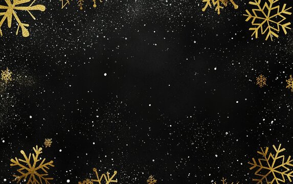 Elegant black background adorned with gold snowflakes and glitter for festive winter celebrations