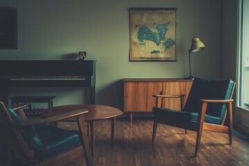 Modern home decor with a Scandinavian style. Open space with dining room. Template ready for use. Design mint sofa, furniture, mock-up poster map, plants, chandelier, and stylish personal