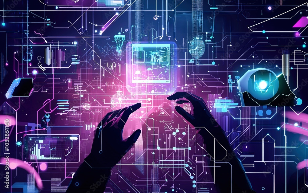 Poster hands reaching toward a futuristic digital interface with glowing elements and data visualizations i