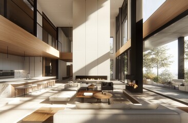 The living room in this new home has large windows with plenty of natural light, two couches and a view of the kitchen.