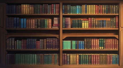 Library Bookshelf with Colorful Spines and Warm Wood: A Neatly Organized Space for Calm Reflection, Perfect for Study and Peaceful Reading Moments