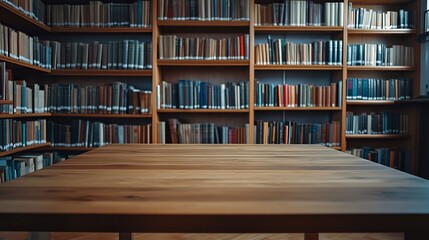 A Cozy Reading Nook: Wooden Table Surrounded by Fully Stocked Shelves in a Quiet, Knowledge-Packed Library