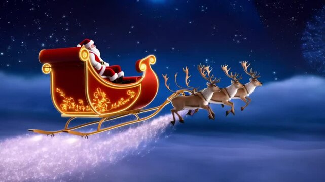 Santa's sleigh glides across the sky, pulled by reindeer in a magical nighttime animation.