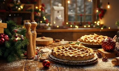 Baking Christmas pies in a festive kitchen, with rolling pins, flour, and holiday decorations creating a cozy atmosphere