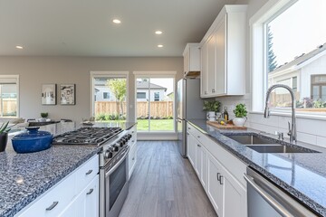 This light-filled interior has a compact kitchen that is compact in size