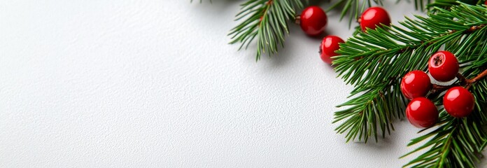 The border of Christmas and New Year features realistic branches and berries of the Christmas tree