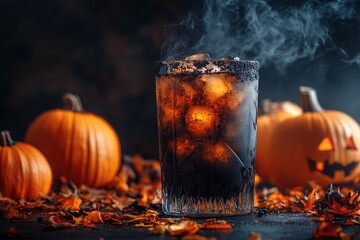 Naklejka premium Black cocktail in tumbler with ice emit smoke on dark background. Orange pumpkins, Halloween atmosphere. Holiday drinks for spooky celebration, party bar menu assortment. Banner, poster, copy space
