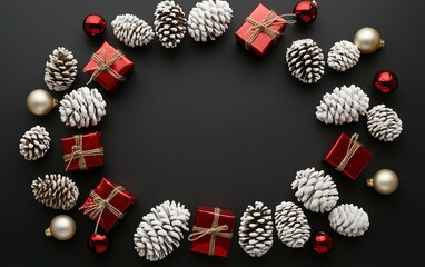 Decorative arrangement of pine cones, ornaments, and gifts in a festive circular display on a dark background