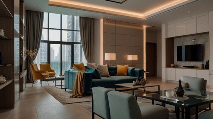 A modern living room with a large window, a couch, two armchairs, and a coffee table.