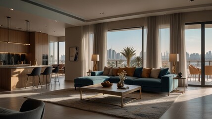 Fototapeta premium A modern living room with large windows overlooking a city skyline and a balcony.