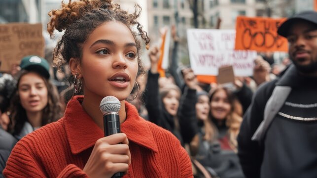 Close shot of activist with microphone with crowd of people on street speaking to people with posters, women's protest with space for text or captions