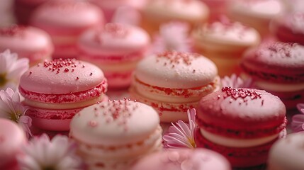 Fototapeta premium Close-up of delicate pink and white macarons with white sprinkles, surrounded by white blossoms.