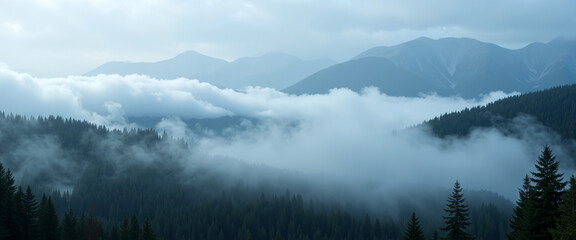 Fog Rolling Over Forested Mountain Range in a Cloudy Landscape.