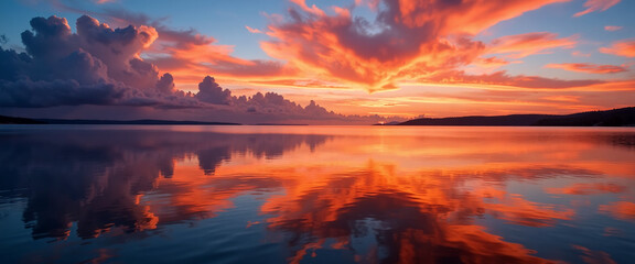 Colorful Sunset Reflected on Calm Water with Dramatic Clouds.