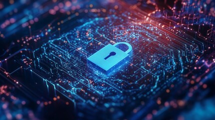 Digital padlock on a circuit board background or futuristic background, data security or cybersecurity and encryption theme with space for text or inscriptions