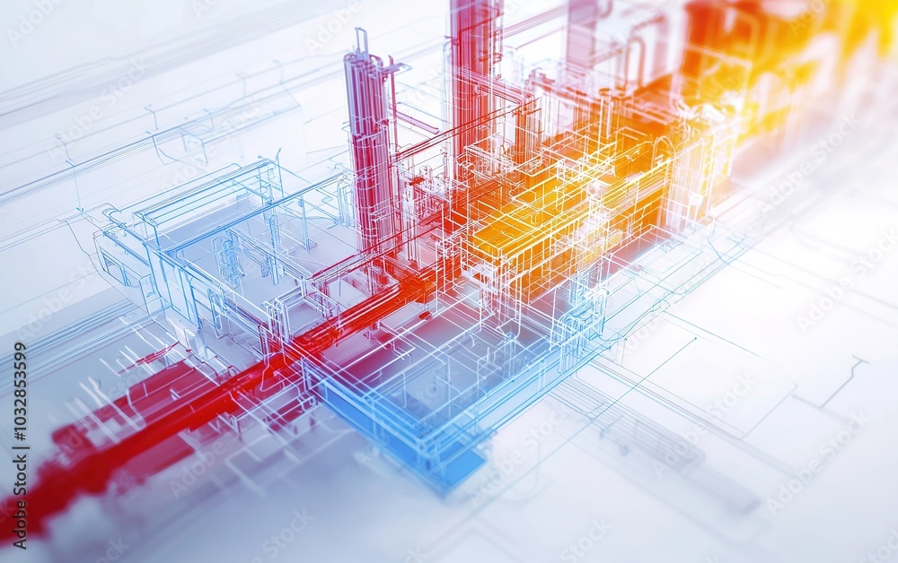 Poster abstract digital rendering of interconnected structures with vibrant red and blue lines symbolizing 