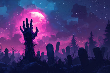 Creepy dirty zombie hand rising from grave in nighttime cemetery with full moon. Cartoon monster emerging from tomb. Horror banner, poster, party invitation, greeting card for Halloween, copy space
