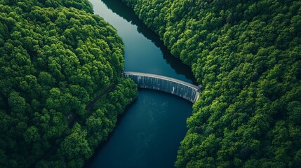 Beautiful aerial shot of a large river and a dam surrounded by green vegetation, winding river from a bird's eye view with space for text, beautiful landscape