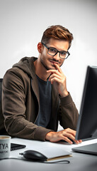 Young student man using computer with a confident expression on smart face thinking serious isolated with white highlights, png