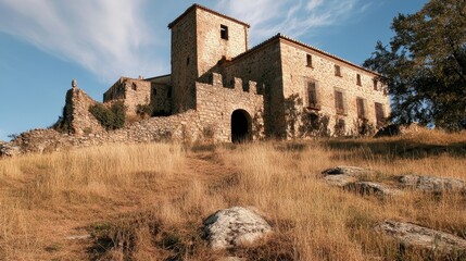 Fototapeta premium Montanchez Castle, located in the Extremadura region of Spain, stands as a historical landmark.