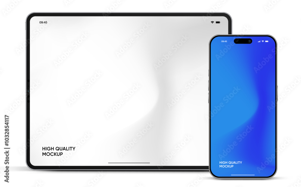 Poster Modern tablet mockup front view and high quality smartphone and tablet mockup isolated on white background. Notebook mockup and phone device mockup for ui ux app and website presentation.Stock Vector.