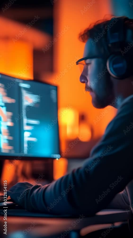 Aufkleber skilled software developer coding late at night in home office, immersed in cybersecurity and it exp